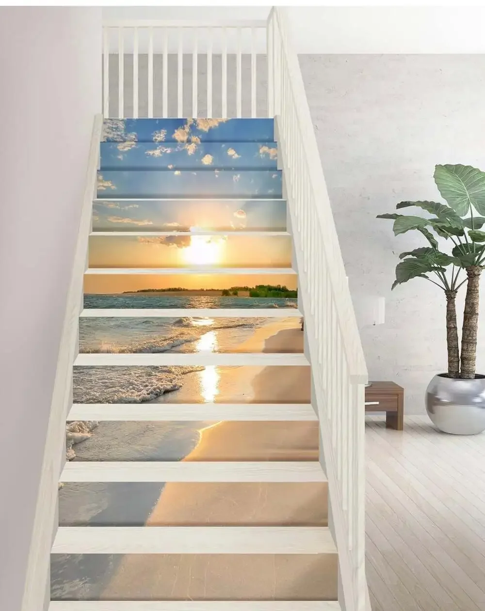 New. FLFK 13PCS/Set 3D Sunrise Ocean Beach Self-Adhesive Stair Risers Stickers